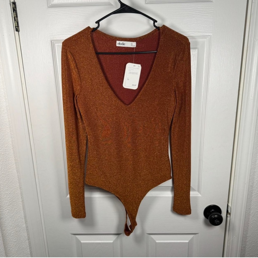 Elodie Copper Shimmer V-Neck Bodysuit‎